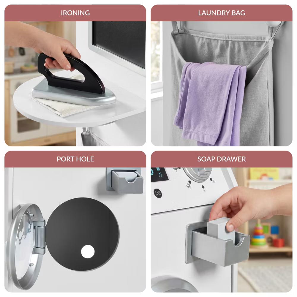 Pretend Play Kids Wooden Stacked Washer & Dryer Set w/ Toy Laundry Storage and Accessories - Pink - Image 12