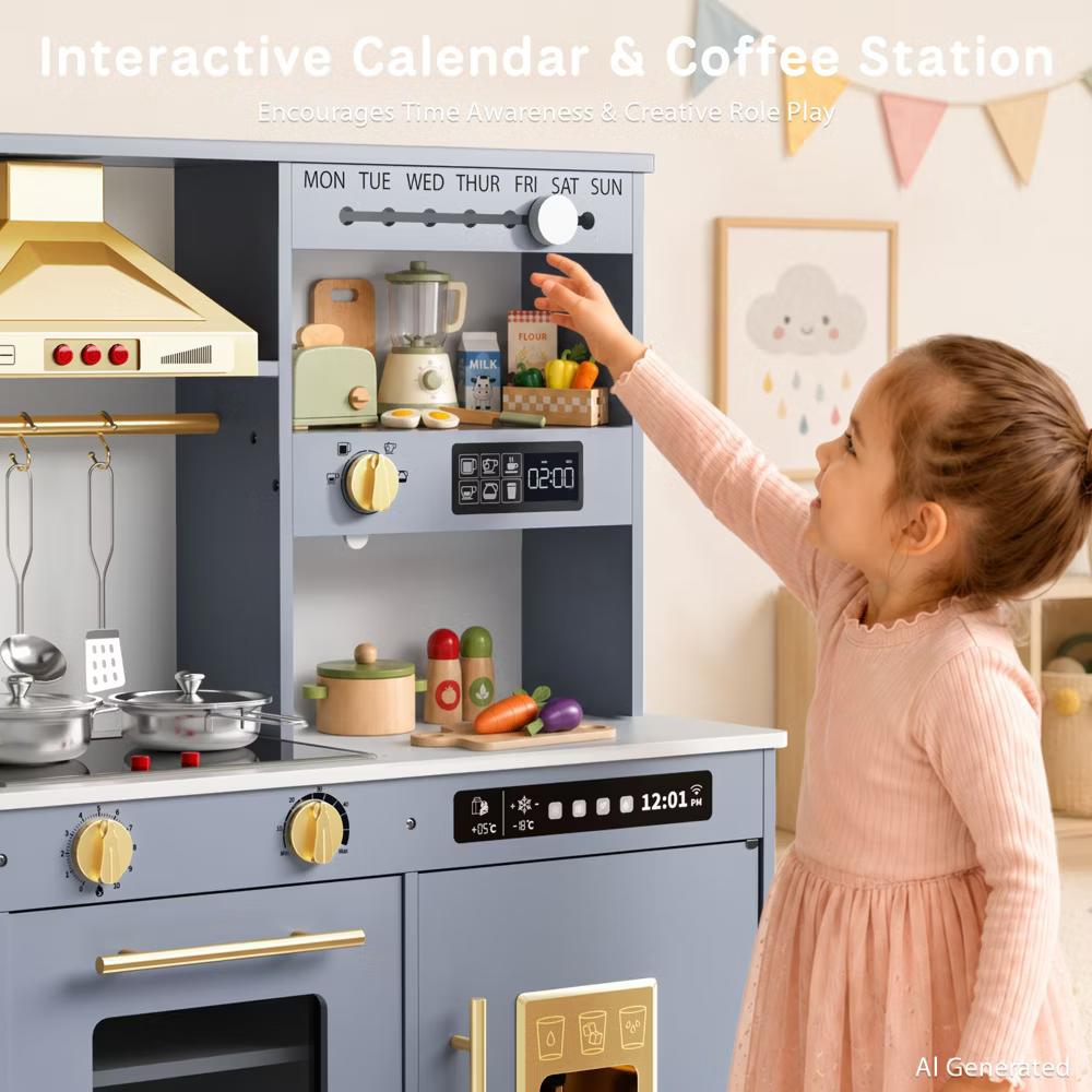 Wooden Play Kitchen for Kids with Running Water Sink, Interactive Stove, Ice Maker, Microwave, Oven & Dishwasher, Ages 3+ - Image 27