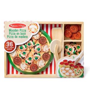 Pizza Party Wooden Pretend Play Food Set With 36 Toppings, Preschool Toy