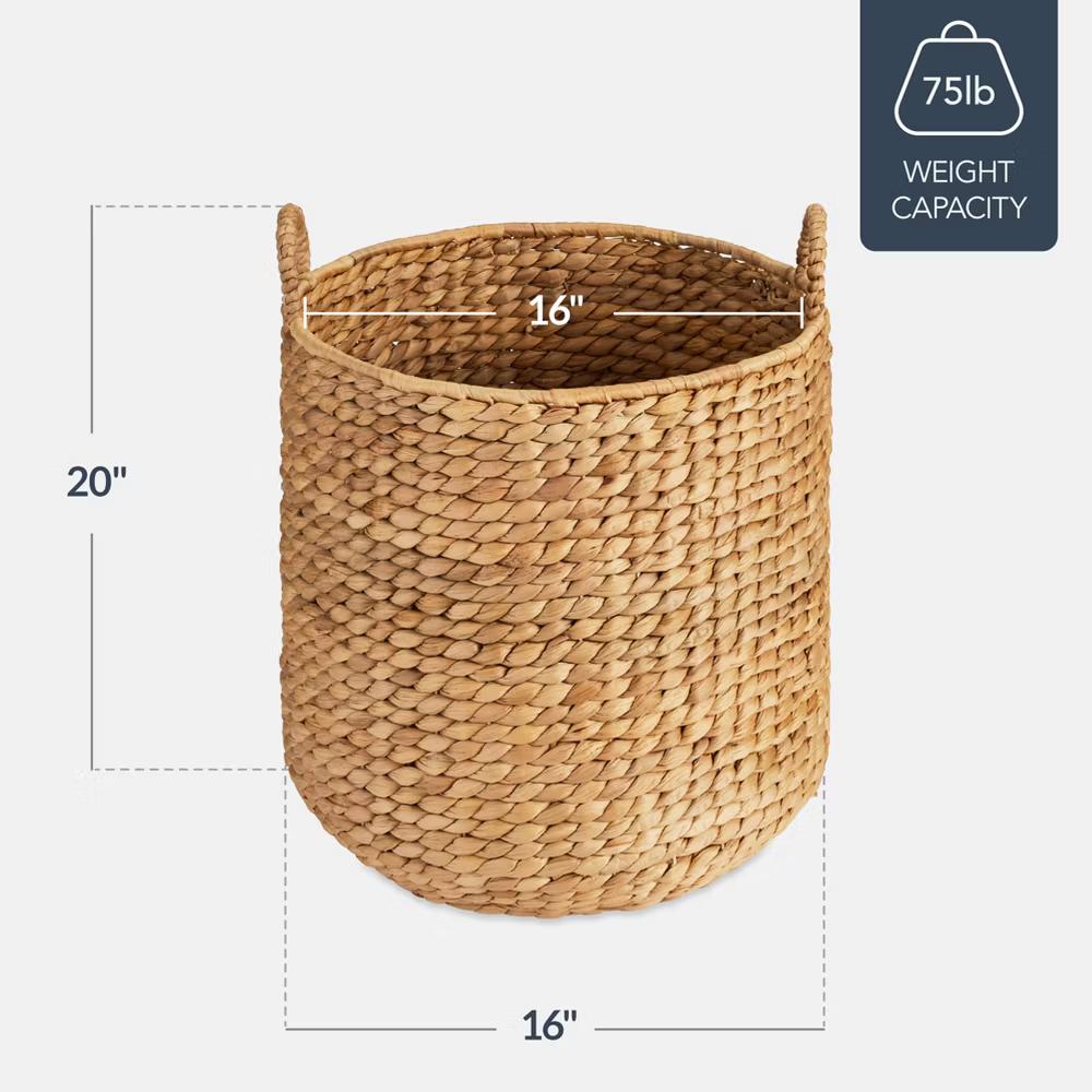 Round Storage Basket w/ Handles, Handwoven Water Hyacinth, Storage Organizer Tote - Natural - Image 11