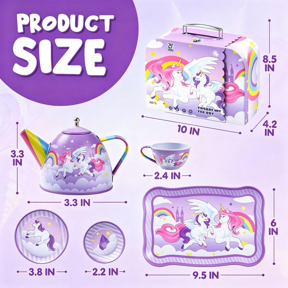 15PCS Unicorn Tea Party Set for Little Girls, Pretend Tin Teapot Set, Princess Tea Time Play Kitchen Toy w/ Case, Birthday Gift for Kids Age 3-6 - Image 7