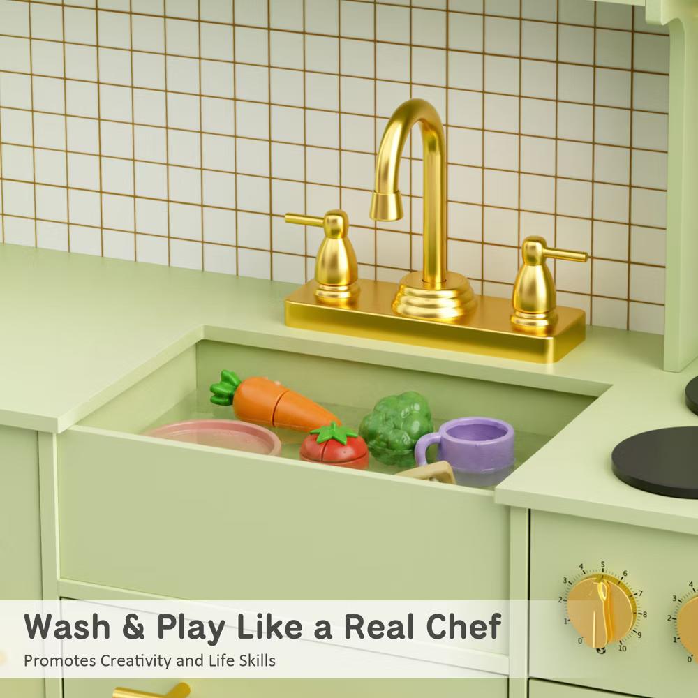 Wooden Play Kitchen with Running Water Sink, Clicking Stove Knobs, Microwave, Oven, Ice Maker & Storage, Ages 3+ - Image 16