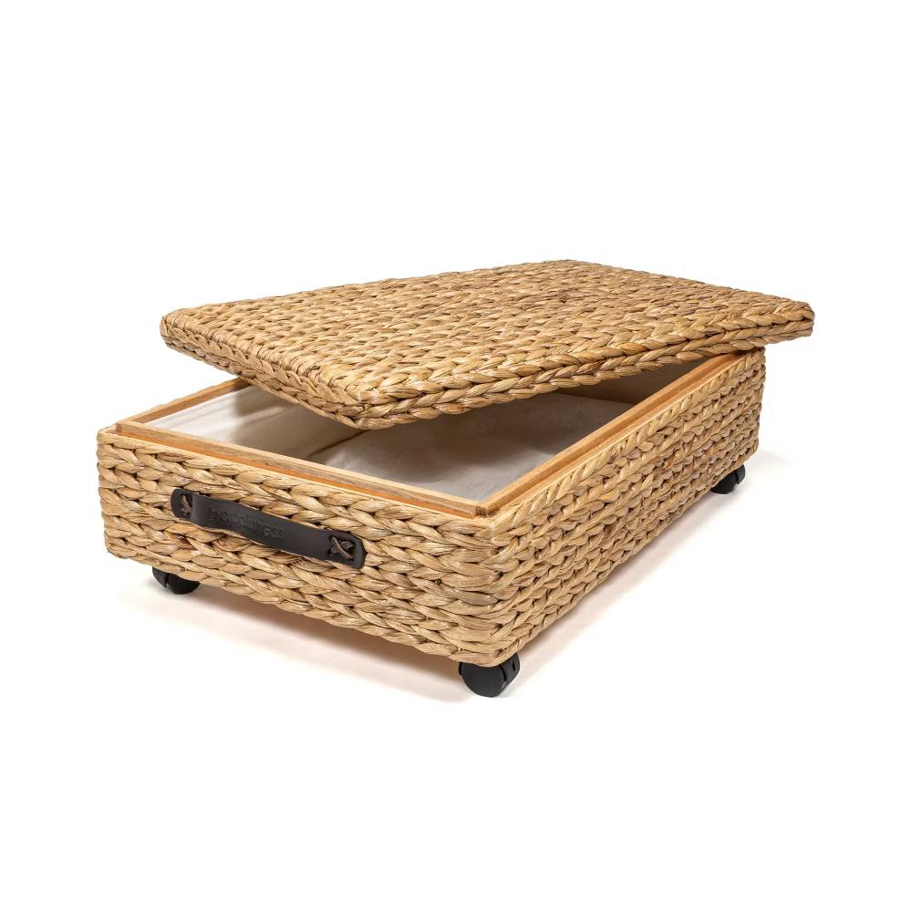 happimess Chett Minimalist Hand-Woven Hyacinth/Wood Underbed Storage Bin with Wheels and Handles - Image 11