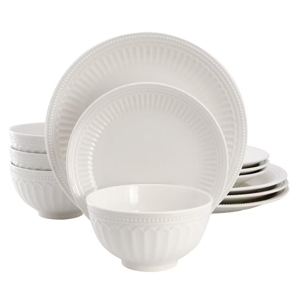 Embossed Arch and Dot Stoneware Dinnerware Set in White - Image 7