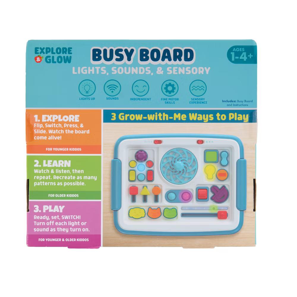 Explore & Glow Busy Board – Interactive Toddler Activity Board with Lights, Sounds, Switches and 3 Play Modes, Ages 1-4+