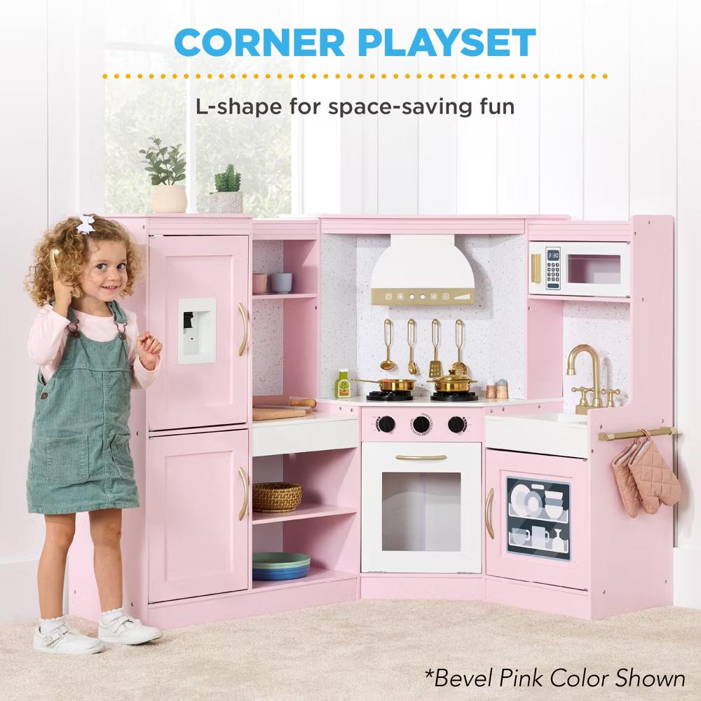 Pretend Play Corner Kitchen, Interactive Wooden Kids Set w/ Lights & Sounds - White - Image 18