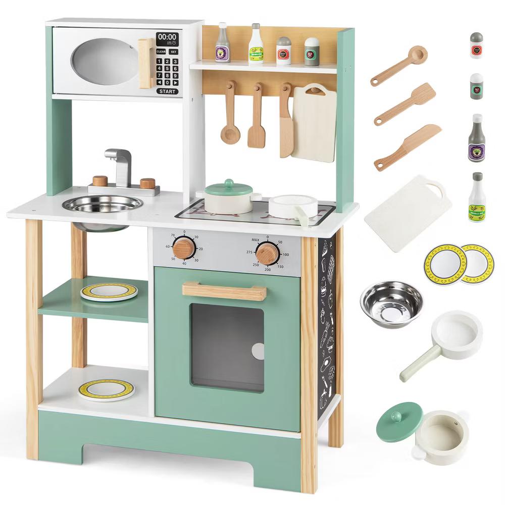 Play Kitchen with Chalkboard Microwave Stove Dish Rack Faucet Sink Accessories White + Natural/Blue/Green + White - Image 4