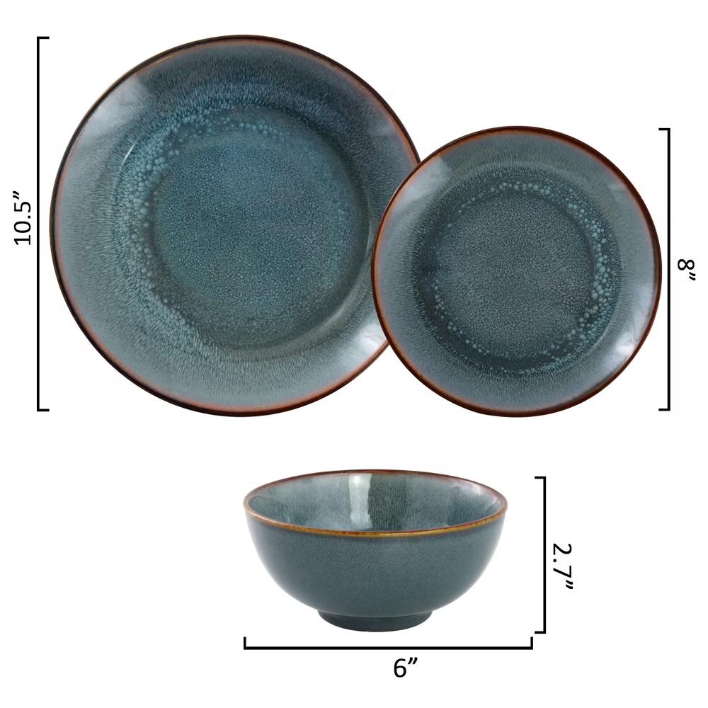 Reactive Glaze Stoneware Dinnerware Set in Blue with Brown Rim - Image 11