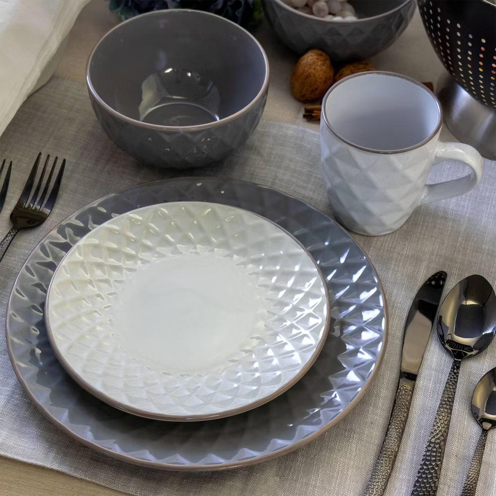 16pc Stoneware Tahitian Diamond Dinnerware Set - Gray Dish Set, Microwave & Dishwasher Safe, Service for 4 - Image 2