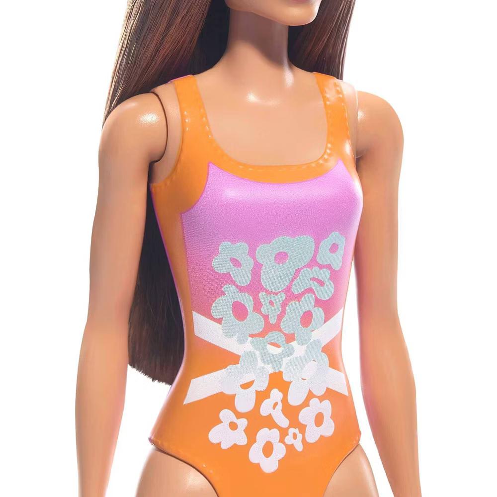 12.7" Beach Doll Brown Hair/Brown Eyes Wearing Tropical Pink and Orange Swimsuit - Image 2