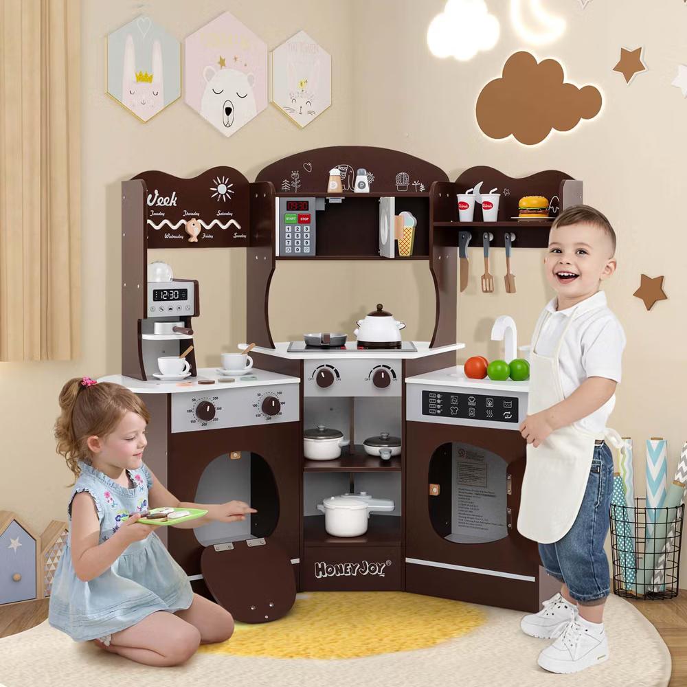 Corner Kitchen Playset with Coffee Machine Oven Microwave Washing Machine White/Brown/Pink