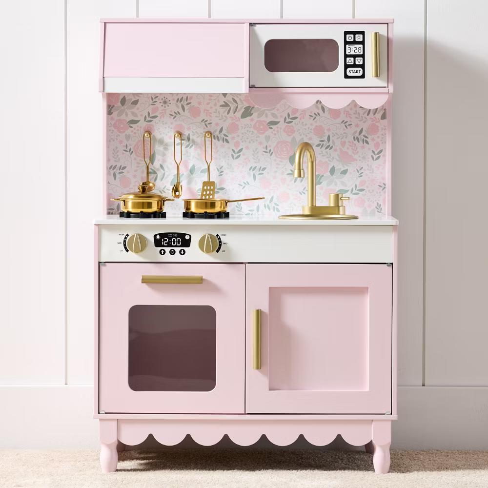 Wooden Cottage Kids Pretend Play Kitchen with 5 Accessories and Toy Storage - White - Image 47