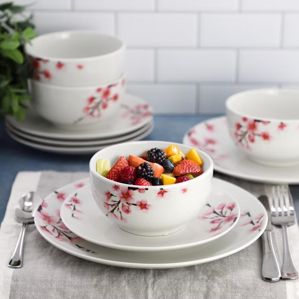 Tamara Cherry Blossom Porcelain Dinnerware Set in White and Pink - Image 6