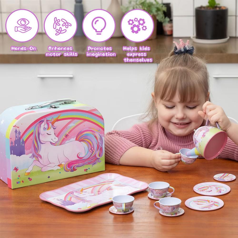 Unicorn Tea Party Set for Little Girls Ages 3-6, 15Pcs Pretend Play Kitchen Toys with Teapot Cups, Plates, Storage Case, Birthday Christmas Gift - Image 5