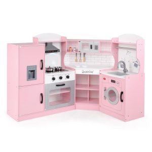 Corner Play Kitchen Toddler Kitchen Playset with Range Hood, Ice Maker, Microwave White/Pink
