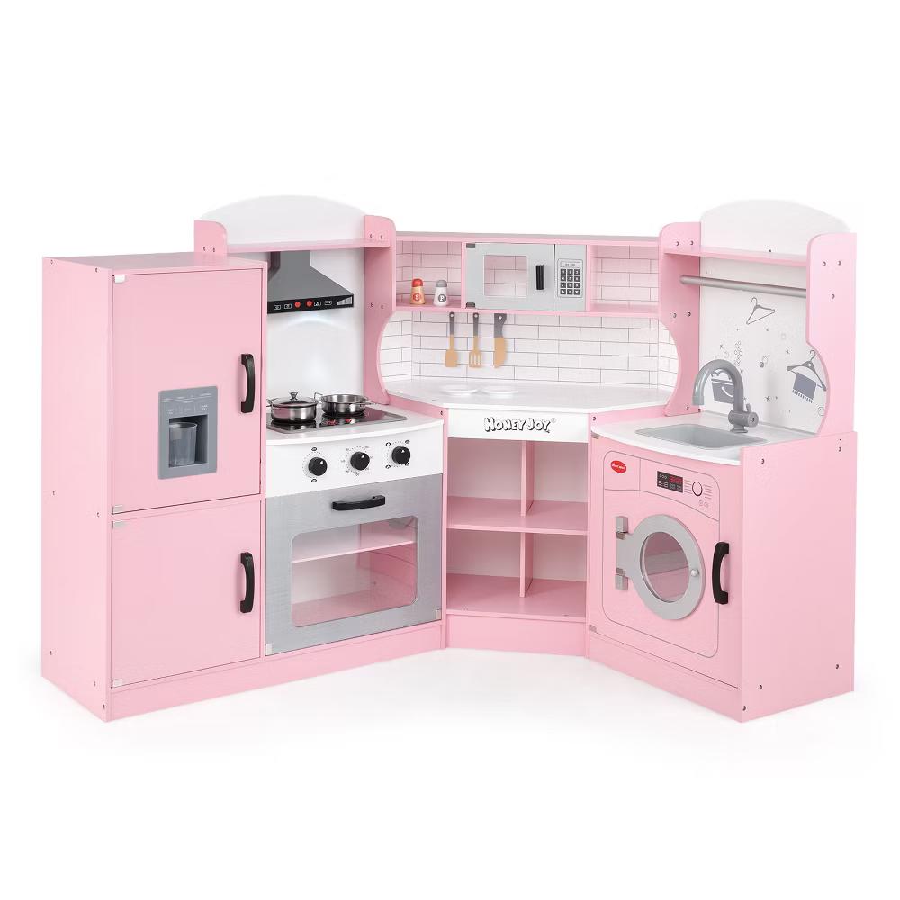 Corner Play Kitchen Toddler Kitchen Playset with Range Hood, Ice Maker, Microwave White/Pink