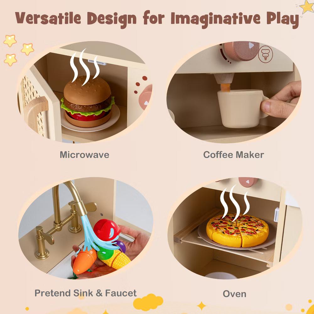 Kids Play Kitchen, Wooden Pretend Kitchen Playset with Rattan Doors, Stoves Yellow/Pink - Image 7