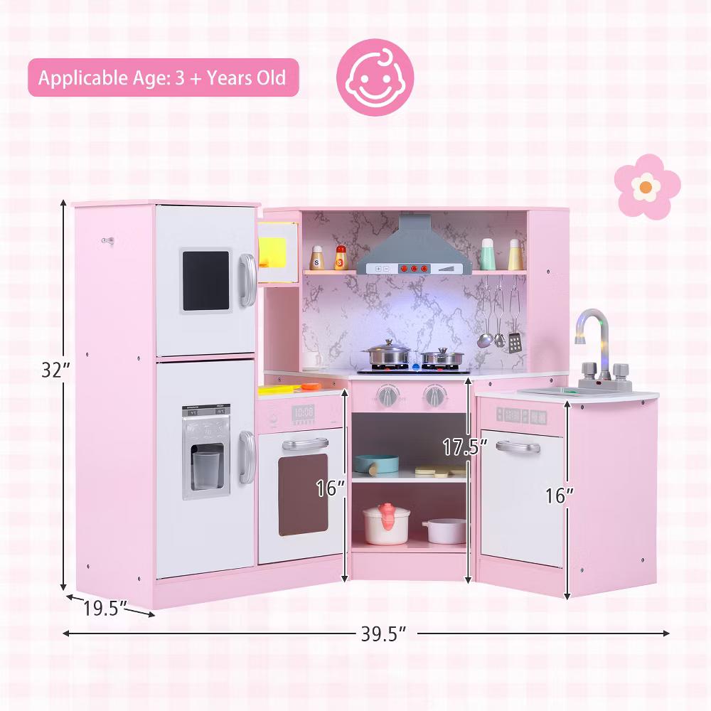 Kids Corner Kitchen Playset Wooden Pretend Play Toy w/ Microwave & Ice Maker - Image 7
