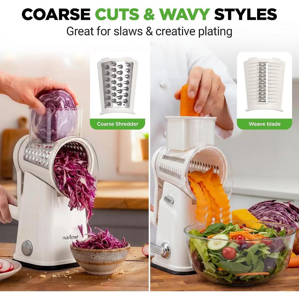 NutriChef 5-in-1 Cheese Grater & Shredder – Hand Crank, 5 Blades, Suction Base & Storage Container - Image 3