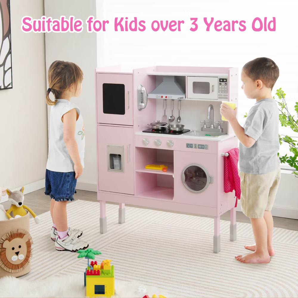 Kids Pretend Kitchen Play Set Toddler Toy Wooden Chef Height Adjustable with Sounds - Image 9