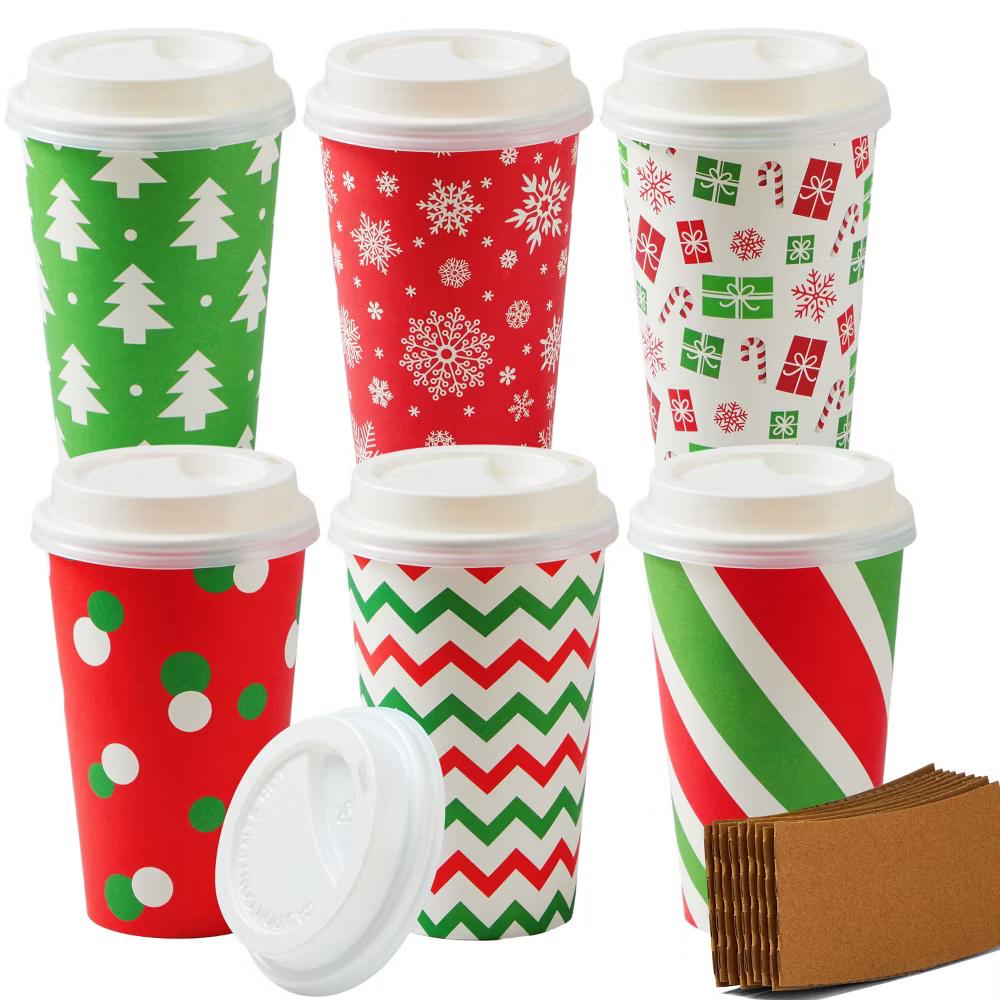72-Pcs Christmas Disposable Cups – 16 oz Holiday Drinkware with Lids & Sleeves (4 Festive Designs) - Image 3