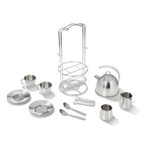Stainless Steel Pretend Play Tea Set and Storage Rack (11pc)