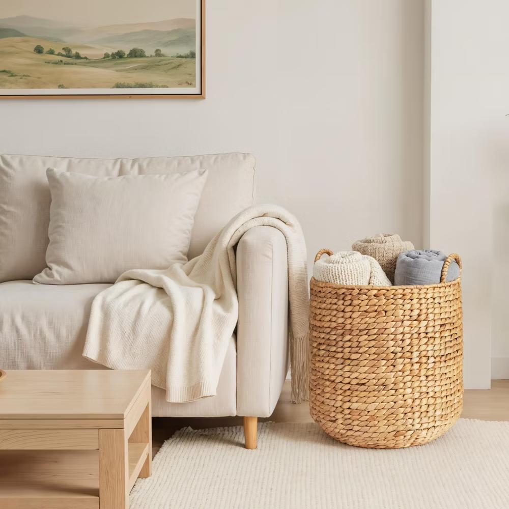Round Storage Basket w/ Handles, Handwoven Water Hyacinth, Storage Organizer Tote - Natural - Image 15